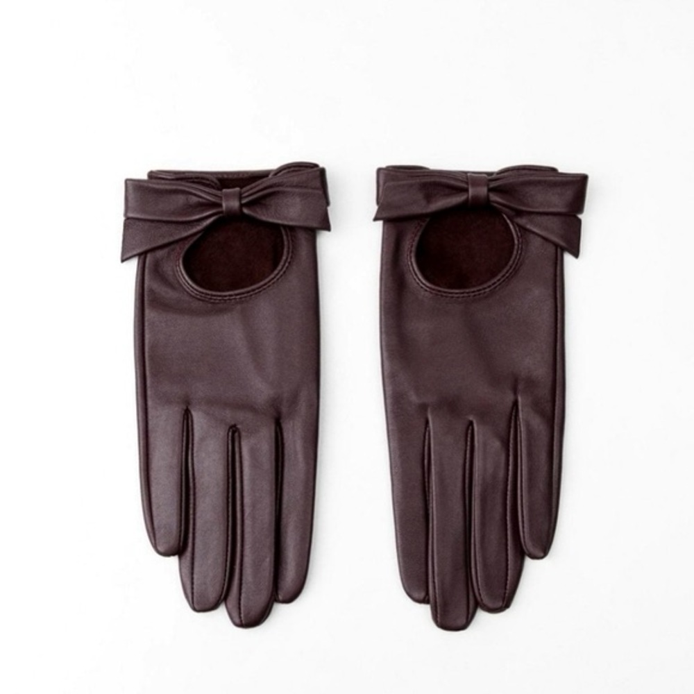 ZARA Burgundy Leather Gloves w Bows Size L New